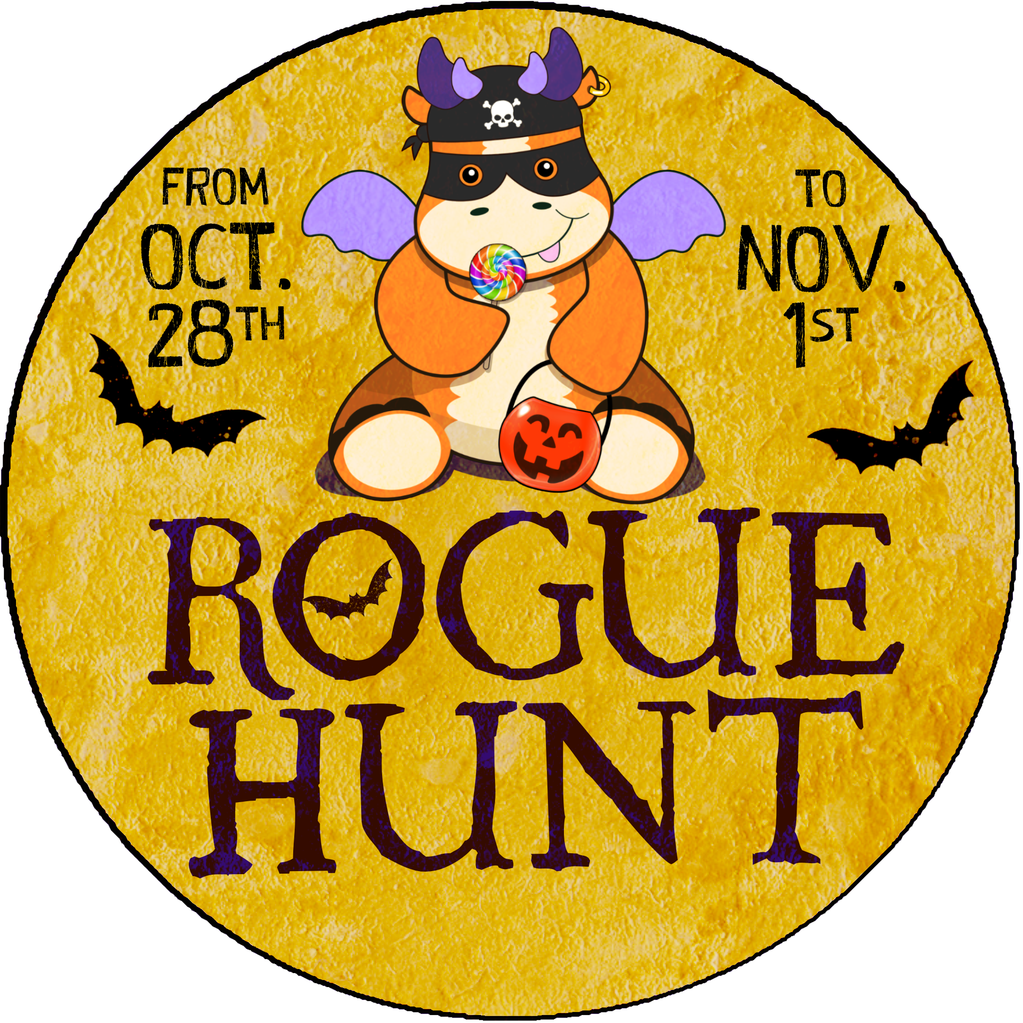 Drippo, Half dragon Half hippo, mascot of the Halloween Rogue Hunt, with the dates October 28th to November 1st on either side, all with the full moon as the background