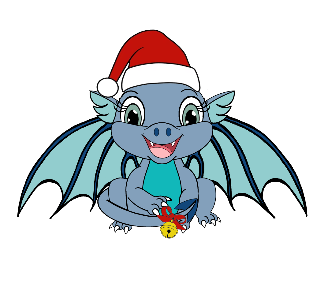 Charlie, the Rogue Hunt dragon mascot, wearing a red Santa hat and holding a jingle bell sits under a sprig of holly