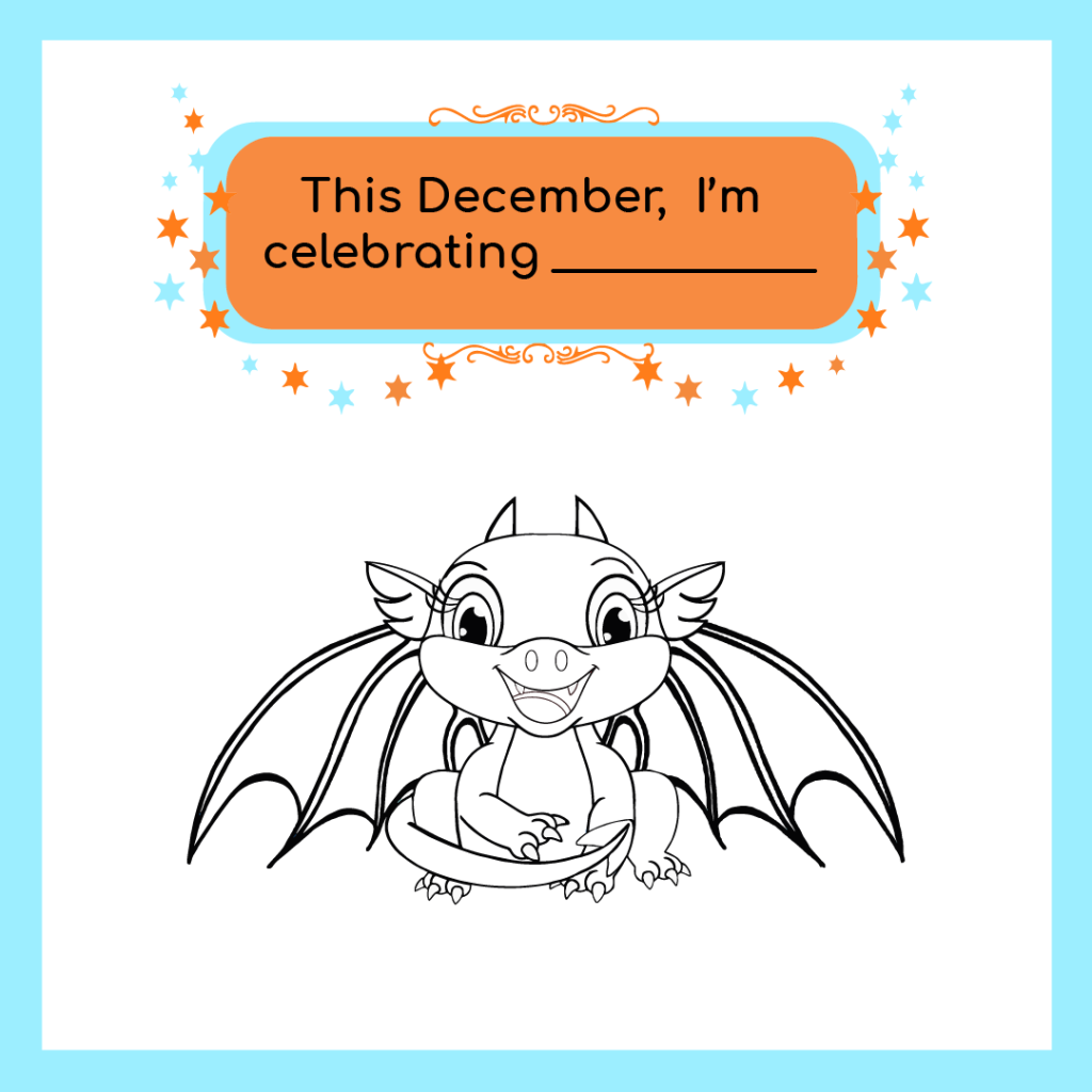 This December I'm celebrating" followed by a blank line. Below sits a black and white outline of Charlie, the Rogue Hunt's dragon mascot. 