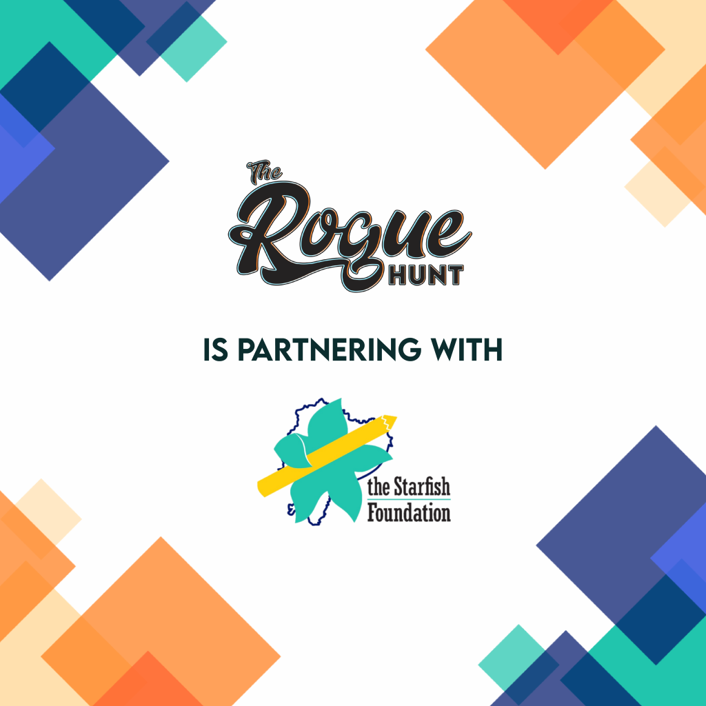 The Rogue Hunt is now partnering with the Starfish Foundation. Orange boxes from the Rogue Hunt colour scheme are in the top right and bottom left corners of the image, while blue and green squares from the Starfish Foundation colour scheme are in the top left and bottom right corners.