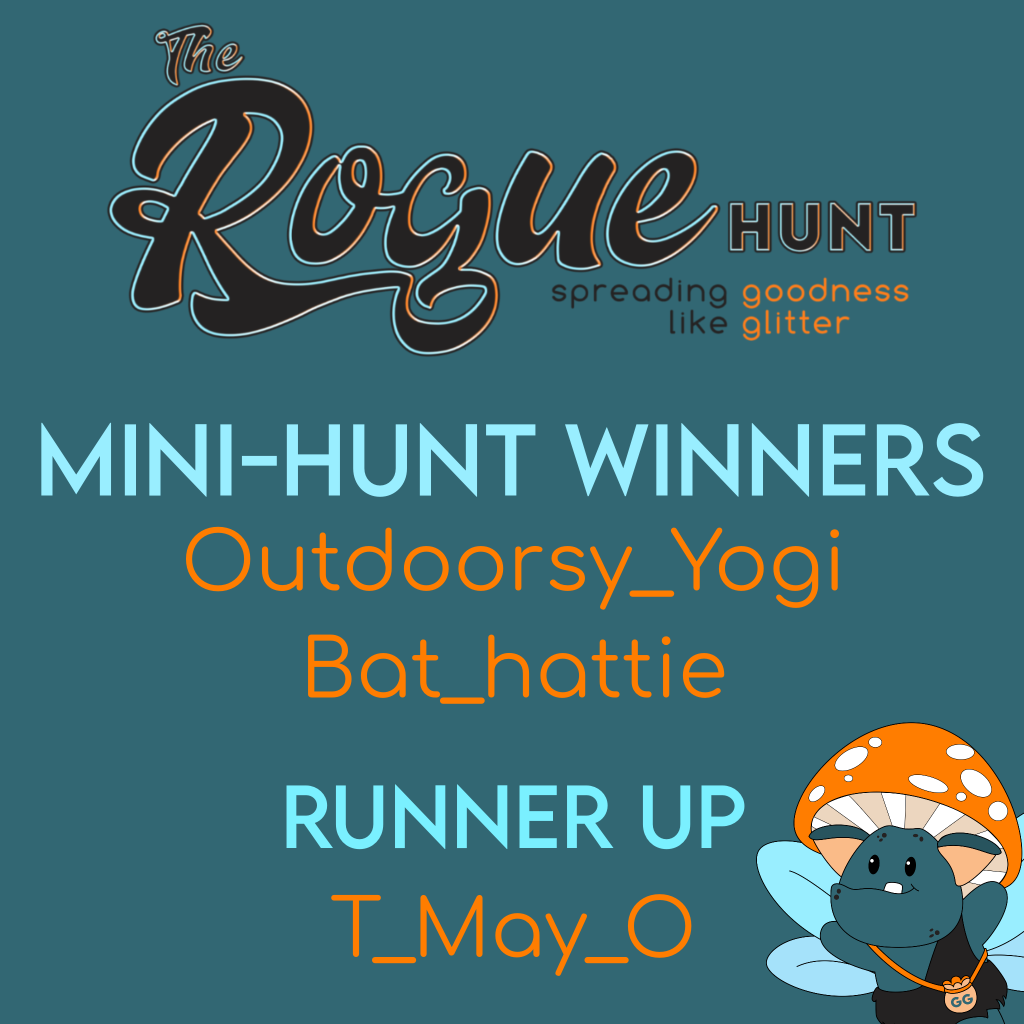 Rogue Hunt Logo followed by text:
Mini Hunt Winners:
Outdoorsy Yogi
& Bat Hattie
Runner Up:
T May O